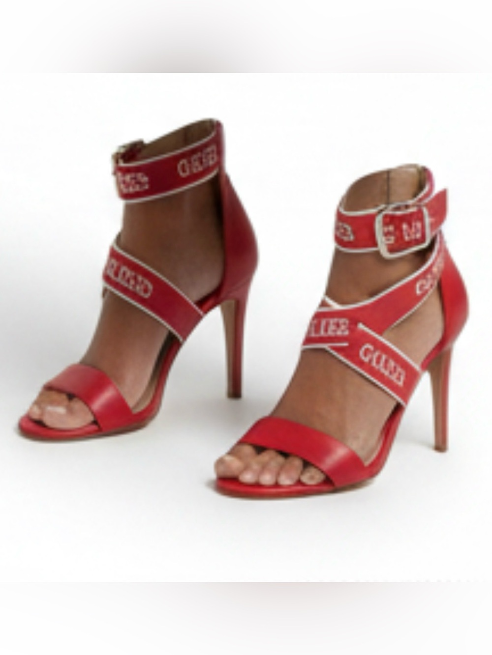 GUESS Red Logo-Strap High Heel Sandals